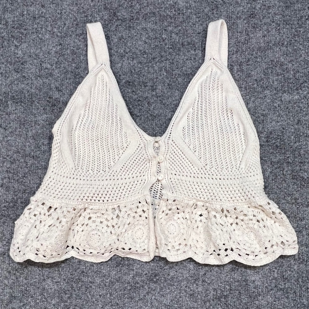 Universal Thread Crochet Peplum Tank Top Womens Small Cream Pointelle V-Neck